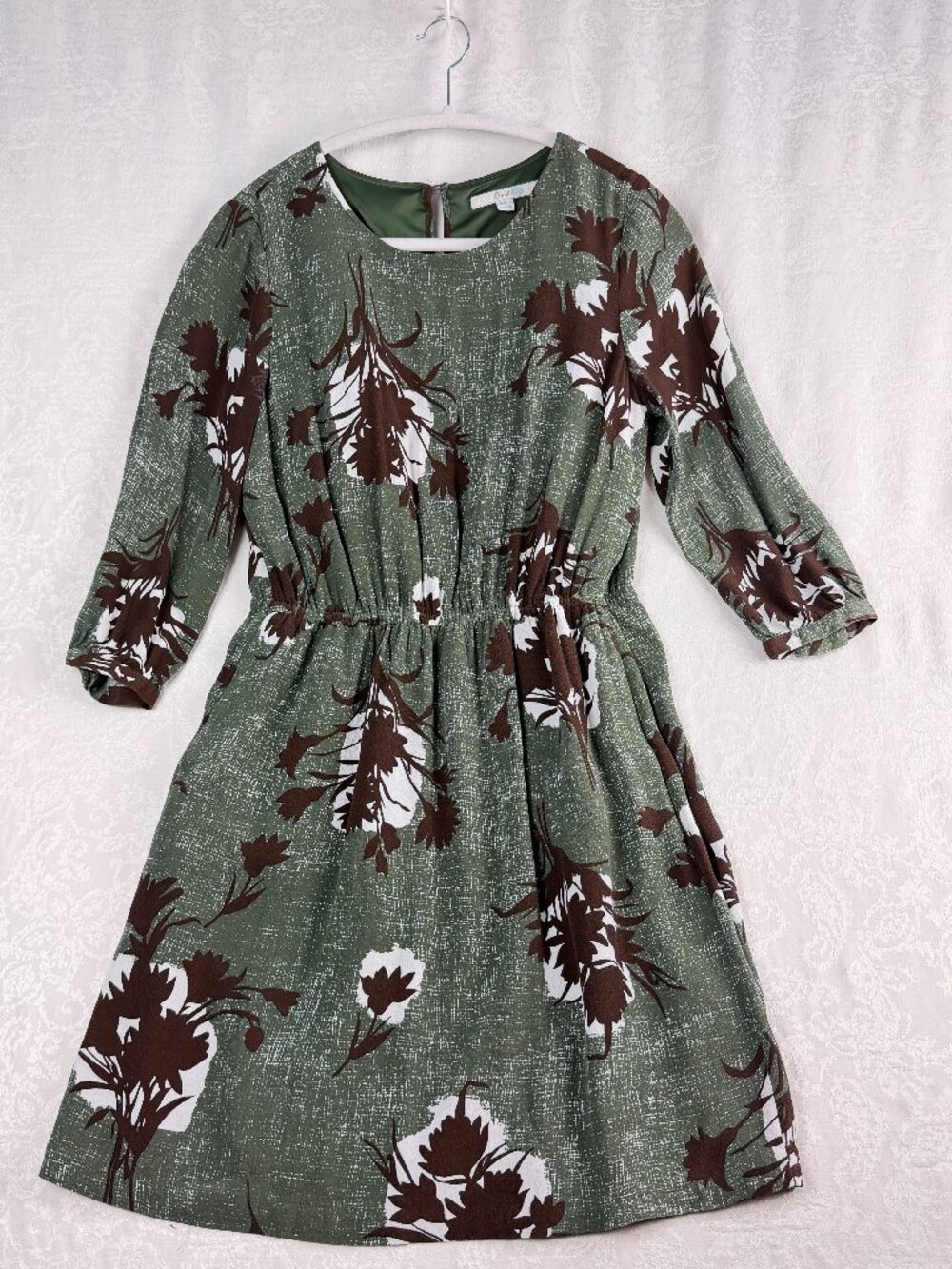 Boden Women’s 6 Green Floral Long Sleeve Dress Elastic Waist Pockets Knee Length